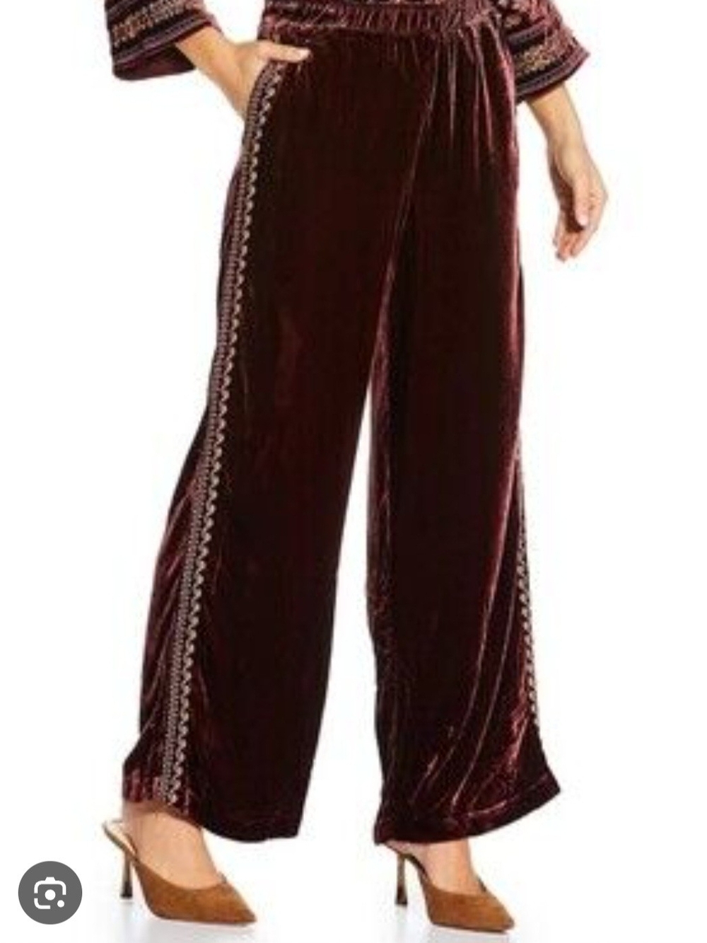 Johnny Was Velvet Wide-Leg Pants in Burgundy